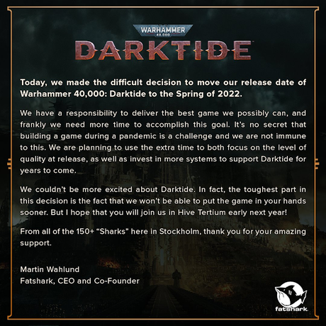 Darktide se retrasa a primavera de 2022: Comunicado oficial