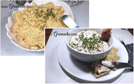 Paté de gambones y palitos de cangrejo/ Paté de queso, nueces, bacon y arándanos