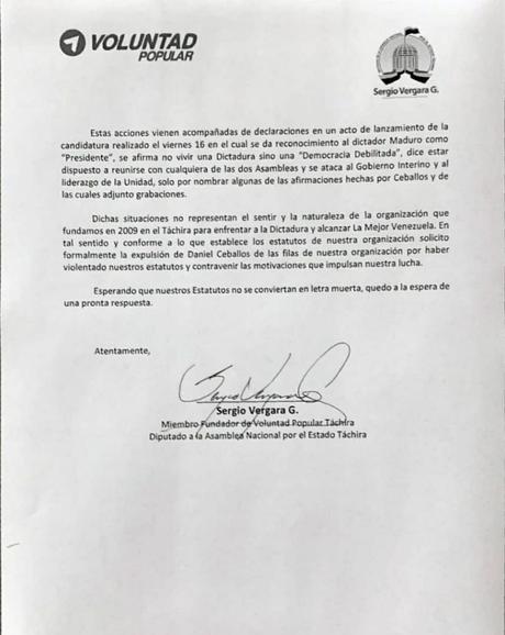 Sergio Vergara solicita a Voluntad Popular la expulsión de Daniel Ceballos del partido