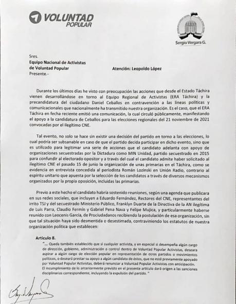 Sergio Vergara solicita a Voluntad Popular la expulsión de Daniel Ceballos del partido