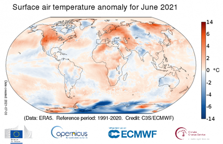 El pasado mes, se une a junio de 2018 como el cuarto junio más cálido registrado a nivel mundial, después de sus homólogos de 2016, 2019 y 2020