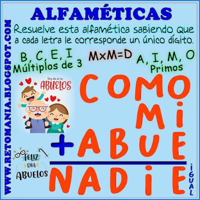 Alfamética, Criptoaritmética, Criptosuma, Criptograma, Suma de palabras, Suma de letras, Acertijos, Día de los Abuelos