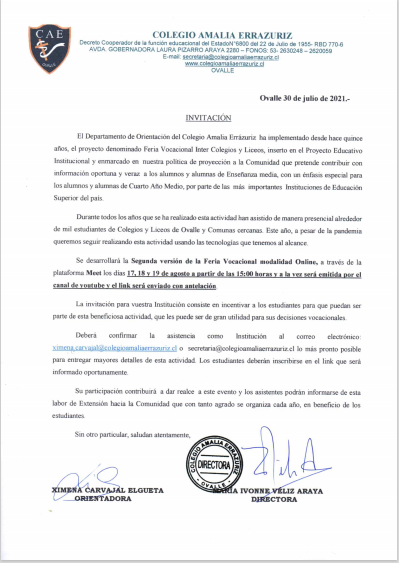 2° versión de la Feria Vocacional on line, organizado por el Colegio Amalia Errázuriz de Ovalle.