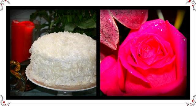 Bizcocho de coco, relleno de crema pastelera de coco y mermelada de frambruesas