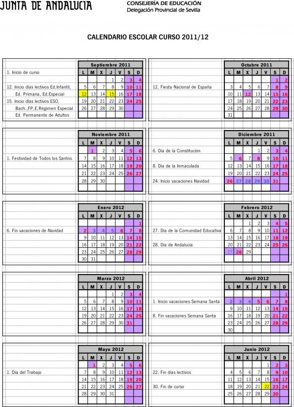 Calendario escolar curso 2011/2012 de la provincia de Sevilla