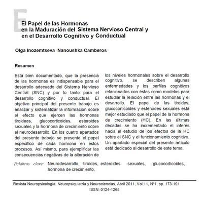 El papel de las hormonas en la maduración del SNC y en el desarrollo cognitivo y conductual - Inozemtseva y Camberos