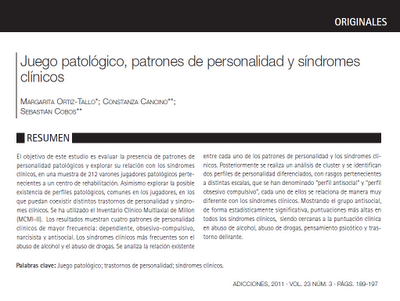 Juego patológico, patrones de personalidad y síndromes clínicos - Ortiz-Tallo y col.