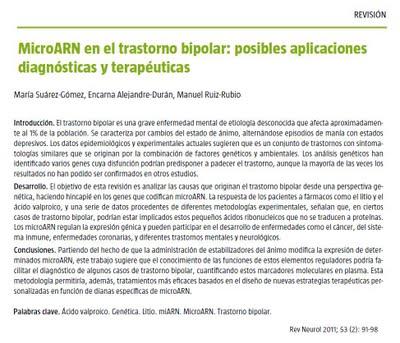 MicroARN en el Trastorno Bipolar: Posibles aplicaciones diagnósticas y terapéuticas - Suárez, Alejandre y Ruiz