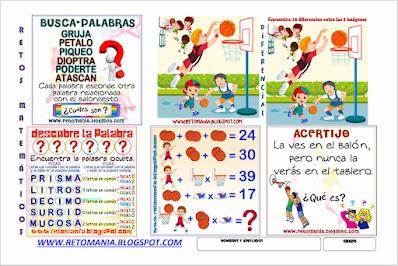 Desafíos matemáticos, Retos matemáticos, Problemas matemáticos, Retos mentales, Retos visuales, Descubre el resultado, Descubre el número, Acertijos, Adivinanza, Buscapalabras, Descubre la palabra, Diferencias, La palabra oculta, Juego de palabras, Picas y Fijas