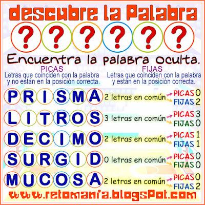 Desafíos matemáticos, Retos matemáticos, Problemas matemáticos, Retos mentales, Retos visuales, Descubre la Palabra, Palabra oculta, Palabra escondida, Juego de palabras, Picas y Fijas