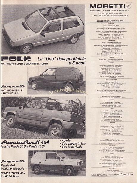 Moretti y sus carrozados para los Fiat Uno y Panda en el año 1985