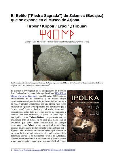 El Betilo (“Piedra Sagrada”) de Zalamea (Badajoz) que se expone en el Museo de Arjona. Tirpoiŕ / Kirpoiŕ / Erpoiŕ ¿Tirbuia?.