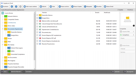 Ventana de Carpetas en Cloud en Dataprius