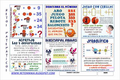 RETOS MATEMÁTICOS - DEPORTES Retos matemáticos, Desafíos matemáticos, Retos mentales, Retos visuales, Problemas matemáticos, Problemas de lógica, Matemática y Deportes, Acertijos, Jeroglíficos, Jeroglíficos con solución, Jeroglíficos escolares, Juego con cerillas, Juego con palillos, Descubre la palabra, Buscapalabras, Descubre el resultado