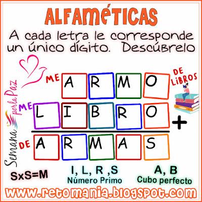 Desafíos matemáticos, Retos matemáticos, Problemas matemáticos, Retos mentales, Retos visuales, Problemas de matemáticas,  Criptoaritmética, Alfamética, Juego de Palabras, Descubre el número, Criptosuma