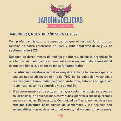 Festival Jardín de las Delicias Aplazado al 2022