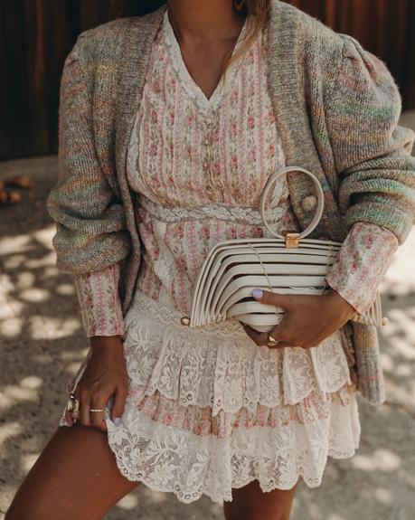 Sara from Collage Vintage wearing a fall outfit with a LoveShackFancy dress and Cardigan