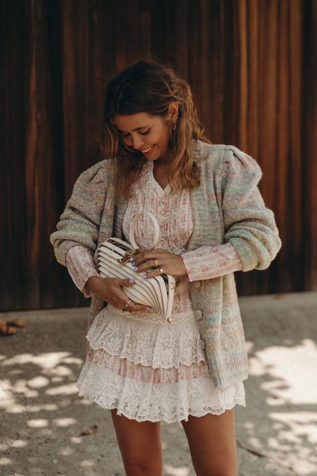 Sara from Collage Vintage wearing a fall outfit with a LoveShackFancy dress and Cardigan