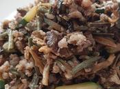 Salteado setas, espárragos, calabacin butifarra perol