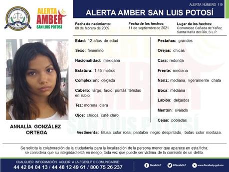 Alerta Amber: Annalía de 12 años se extravió en Santa María del Río