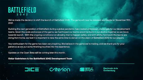 Battlefield 2042 tiene nueva fecha de lanzamiento, ahora será el 19 de noviembre de 2021 Battlefield 2042 tiene nueva fecha de lanzamiento, ahora será el 19 de noviembre de 2021