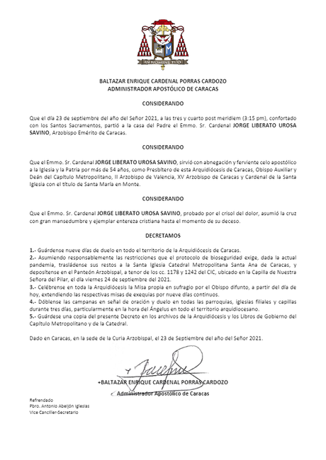 Inhumación del Cardenal Urosa Savino se realizará este viernes