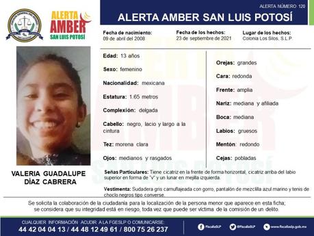 Alerta Amber: Valeria Guadalupe Díaz fue vista por última vez en SLP