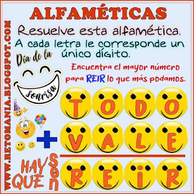 ALFAMÉTICAS DÍA DE LA SONRISA Desafío matemático, Reto matemático, Problema matemático, Retos mentales, Alfamética, Criptoaritmética, Suma de letras, Suma de palabras, Criptograma, Criptosuma, Día de la Sonrisa