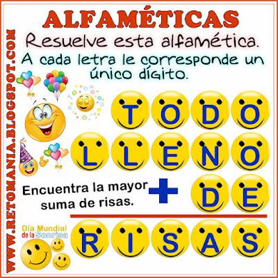 ALFAMÉTICAS DÍA DE LA SONRISA Desafío matemático, Reto matemático, Problema matemático, Retos mentales, Alfamética, Criptoaritmética, Suma de letras, Suma de palabras, Criptograma, Criptosuma, Día de la Sonrisa