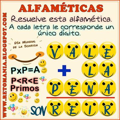 ALFAMÉTICAS DÍA DE LA SONRISA Desafío matemático, Reto matemático, Problema matemático, Retos mentales, Alfamética, Criptoaritmética, Suma de letras, Suma de palabras, Criptograma, Criptosuma, Día de la Sonrisa