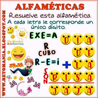 ALFAMÉTICAS DÍA DE LA SONRISA Desafío matemático, Reto matemático, Problema matemático, Retos mentales, Alfamética, Criptoaritmética, Suma de letras, Suma de palabras, Criptograma, Criptosuma, Día de la Sonrisa