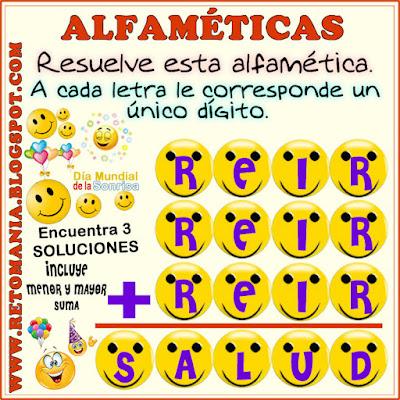 Desafío matemático, Reto matemático, Problema matemático, Retos mentales, Alfamética, Criptoaritmética, Suma de letras, Suma de palabras, Criptograma, Criptosuma, Día de la Sonrisa