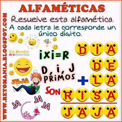 Desafío matemático, Reto matemático, Problema matemático, Retos mentales, Alfamética, Criptoaritmética, Suma de letras, Suma de palabras, Criptograma, Criptosuma, Día de la Sonrisa