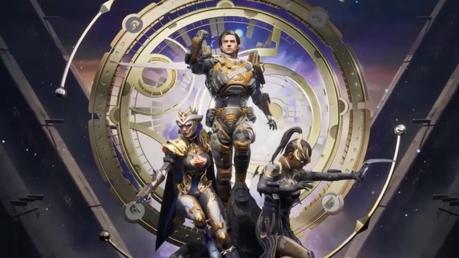 Tres personajes en trajes futuristas posando.