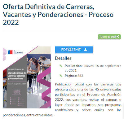 Se comparte documento Demre: Oferta Definitiva de Carreras, Vacantes y Ponderaciones-Proceso PTU 2022.