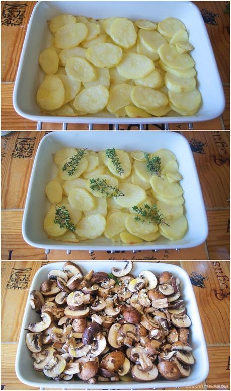 Champiñones Portobello, patatas y huevos asados