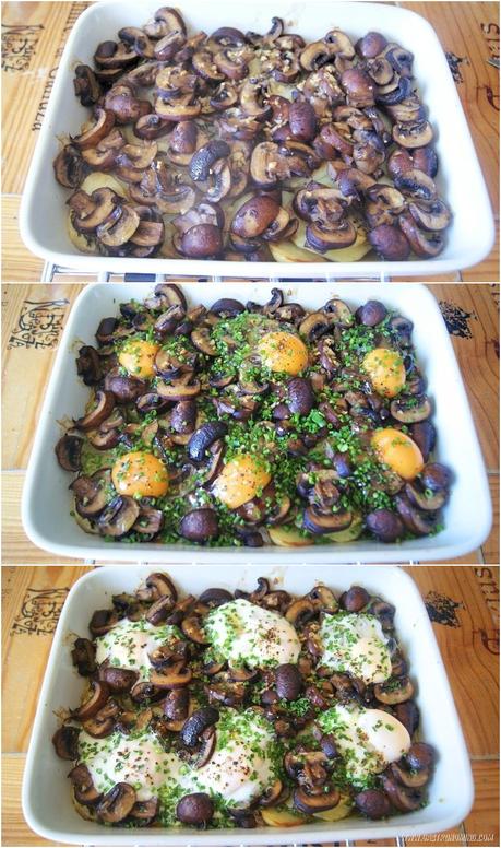 Champiñones Portobello, patatas y huevos asados