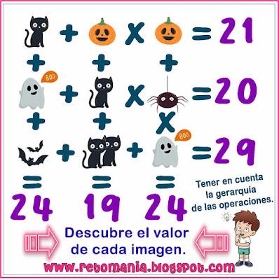 Desafíos matemáticos, Retos matemáticos, Problemas matemáticos, problemas de matemáticas, Retos matemáticos Halloween, Día de Todos los Santos y las matemáticas, Día de las Brujas y las matemáticas, Descubre el resultado, Cruciretos,