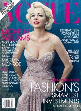 Michelle Williams, caracterizada como Marilyn,  portada de Vogue Octubre 2011