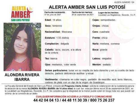 Alerta Amber: Alondra de 14 años, vista por última vez en Rioverde