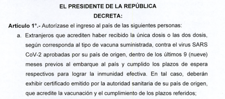 Entrada a Uruguay  para turistas a partir del 1 de noviembre del 2021