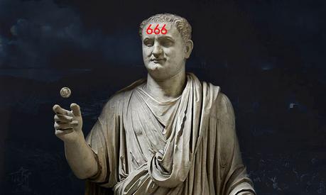 Estatua de Tito Vespasiano sosteniendo una moneda romana, en su frente se encuentra el 666