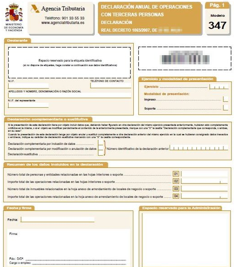 Impreso de ejemplo del Modelo 347 de Hacienda