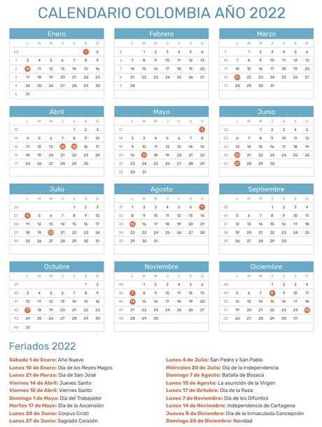 Calendario Festivos Colombia 2022 Calendario Festivos Colombia 2022