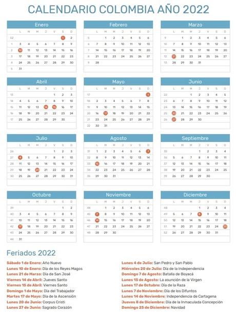 Calendario Festivos Colombia 2022