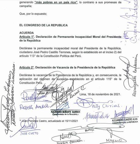 Perú: Oposición presentó una moción de censura contra el presidente Pedro Castillo