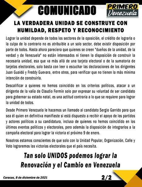 Primero Venezuela ratifica que la verdadera UNIDAD se construye con Humildad, Respeto y Reconocimiento.
