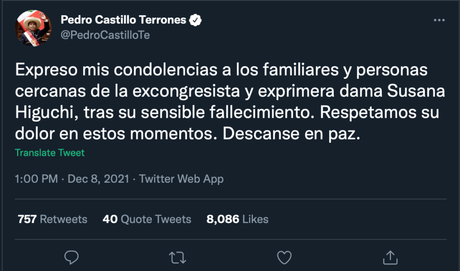 Presidente expresa condolencias a familiares por fallecimiento de Susana Higuchi Presidente expresa condolencias a familiares por fallecimiento de Susana Higuchi