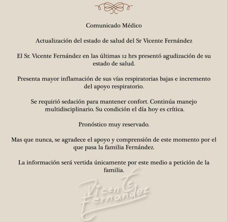 Vicente Fernández en un estado crítico de salud informa familiares