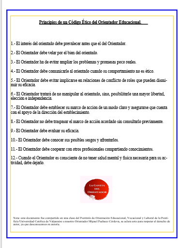 Se comparte propuesta de Principios de un Código Ético del Orientador Educacional. Se comparte propuesta de Principios de un Código Ético del Orientador Educacional.